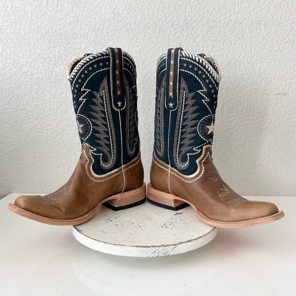 Lane Rodeo Houston Mens Cowboy Boots Brown Navy Square Toe 12.5" Size 12 - Picture 7 of 11